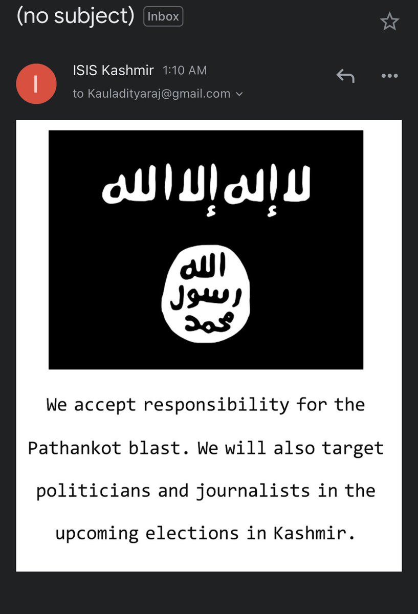 AdityaRajKaul's tweet photo. At midnight I received a fresh email from ‘ISIS Kashmir’ email account taking responsibility for Pathankot blast outside the Indian Army camp and again issuing threat against me. I’ve shared details with Police and agencies. No doubt this is from Pakistan. @AmitShah @BhallaAjay26 https://t.co/hmbII9gJ8w