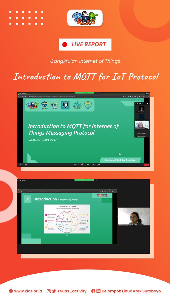 Live report!!! 

Telah selesai dilaksanakan acara Cangkru'an IOT yang berkolaborasi dengan HMCE PENS dengan pemateri langsung oleh Ketua KLAS yaitu Cak <a href="/Masandhika007/">Andhika | looking for the fourth!</a>. Terimakasih kepada semua pihak yang terlibat dan jangan lupa untuk terus mengikuti Cangkru'an KLAS berikutnya :)