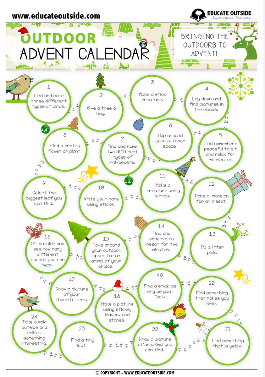 TreeHouseLearn's tweet photo. 🌲Do you have an Advent calendar yet?  Check out this outdoor Advent calendar with an activity to do outside each day🌲. Looking forward to starting the first activity on Wednesday! https://t.co/qcKyQpvcwV https://t.co/i85AhEsBGT