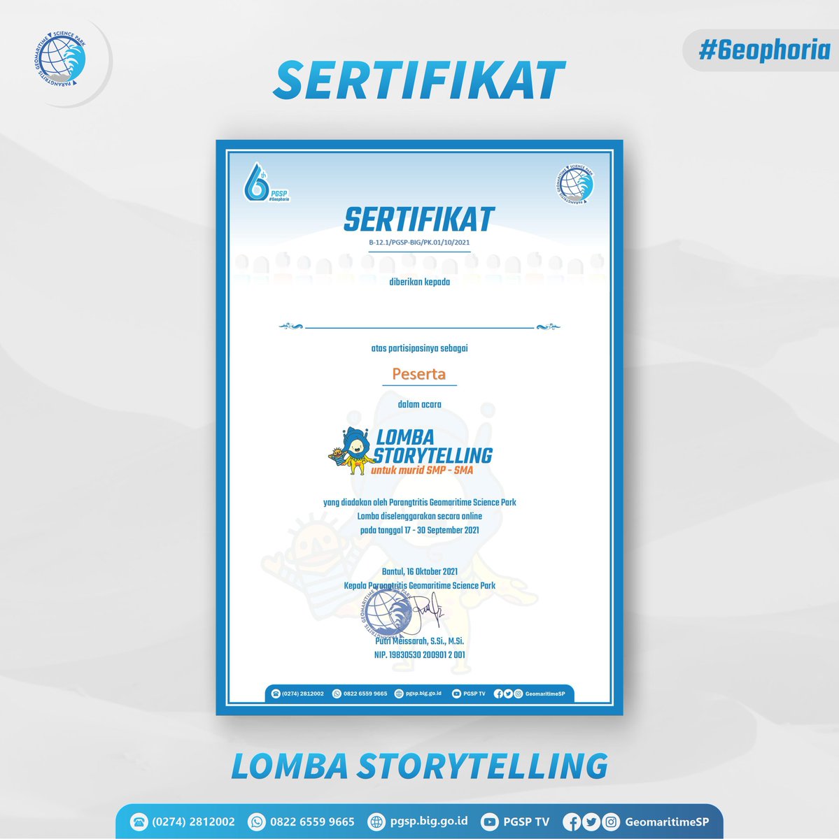GeomaritimeSP's tweet photo. Sertifikat bagi #SahabatGeomaritime yang telah mengikuti Lomba sudah dapat diunduh melalui link di bawah ini :

link : Lomba Mewarnai
https://t.co/x8vIvFXlQr

link : Lomba Storrytelling
https://t.co/6bZkGTbIxD

Informasi lebih lanjut bisa menghubungi :
WA 082265599665 (PGSP) https://t.co/ZTDTGkJNDN