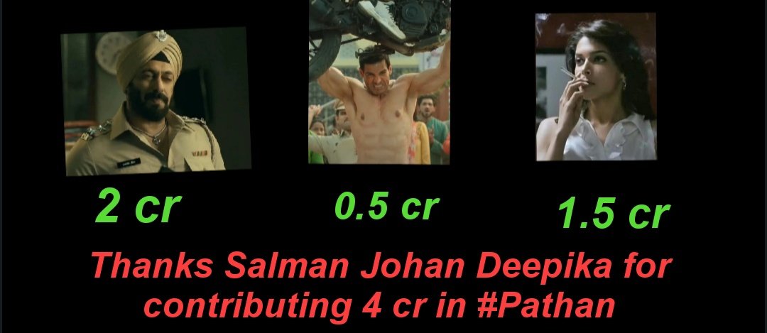 KattarActor's tweet image. #Antim 50 min screen presence - 4.25 cr
#Pathan 20 min screen presence - 2 cr

John( SMJ2 ) 2.5 hr screen presence - 3 cr 
Pathan 30 min screen presence - 0.5 cr

Deepika #Chhapak screen presence - 4.4cr
#Pathan 19 min screen presence - 1.5 cr