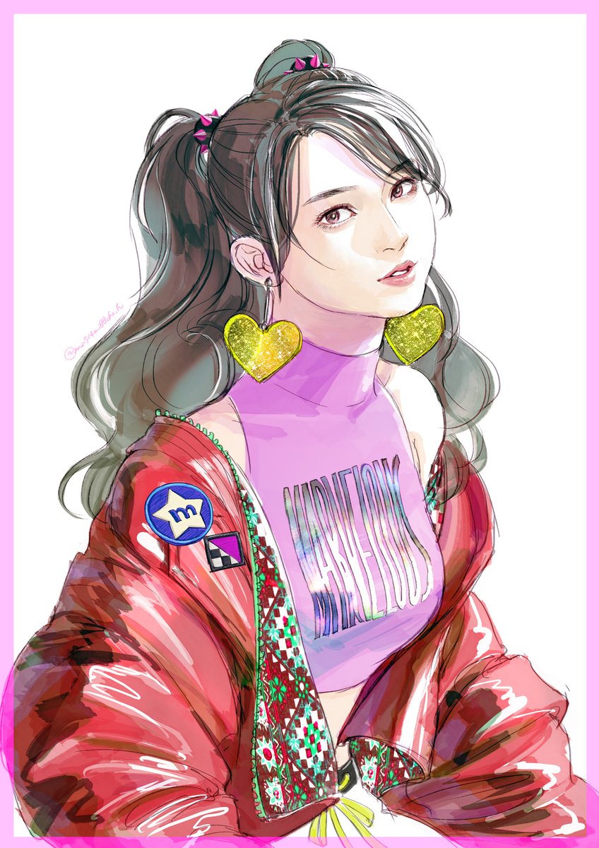 1girl solo earrings jewelry jacket long hair black hair  illustration images