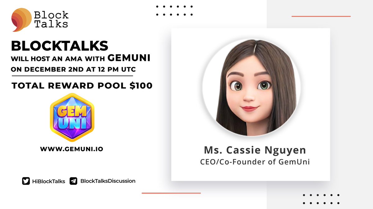 fourtisann's tweet photo. Hey Folks 🎉

BlockTalks will hold an AMA with @gemuniofficial on December 2nd at 12 PM UTC in BlockTalksDiscussion 💬

Follow :
@HiBlockTalks
@gemuniofficial 

Like, Retweet &amp; comment your question below. (Please don't tag anyone in your question. Max 2 questions each person) https://t.co/frml9f8zzo