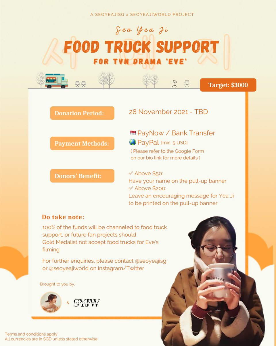 Seo Yea Ji Singapore (@seoyeajisg) on Twitter photo Seo Yea Ji ‘Eve’ Food Truck Support by SEOYEAJISG & <a href="/SEOYEAJIWORLD/">SEOYEAJIWORLD 서예지월드</a> is here! 🚚✨
We’ll be working together to send Yea Ji our love during her filming of ‘Eve’ 💕
❗️Period: 28 Nov - TBD❗️
To participate 🔗: forms.gle/FNeirqDUTctjjM…
More details ⬇️
#SeoYeJi #SeoYeaJi #서예지 Seo Yea Ji ‘Eve’ Food Truck Support by SEOYEAJISG & <a href="/SEOYEAJIWORLD/">SEOYEAJIWORLD 서예지월드</a> is here! 🚚✨
We’ll be working together to send Yea Ji our love during her filming of ‘Eve’ 💕
❗️Period: 28 Nov - TBD❗️
To participate 🔗: forms.gle/FNeirqDUTctjjM…
More details ⬇️
#SeoYeJi #SeoYeaJi #서예지