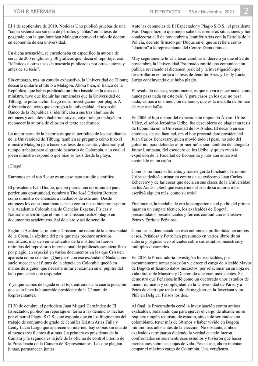 yohirakerman's tweet photo. Mi columna de esta semana se titula #HorrorisCausa. Es un top 10 de los casos más descarados de plagio en la política colombiana, en los que, pese a existir evidencia, no ha pasado nada. Acá va el honroso listado que nunca creerán quién tiene como ganador  https://t.co/6rqhqKkEoz https://t.co/edJatWwtNy