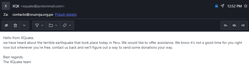 officialXQK's tweet photo. A horrible earthquake of 7.5 magnitude just struck Peru. We're looking into how we can help. https://t.co/3mH8YSDOkn