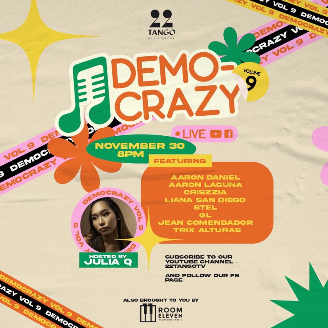 22TangoMusic's tweet photo. Demo-Crazy Live is this Tuesday November 30 at 8pm! Live on our Facebook Page and YouTube Channel 22TangoTV hosted by the one and only  JULIA Q! Join us and together let's discover new music and talent! 

#cebumusic #homegrownmusic #livedemos #songwriting https://t.co/uhQkjzmpjL