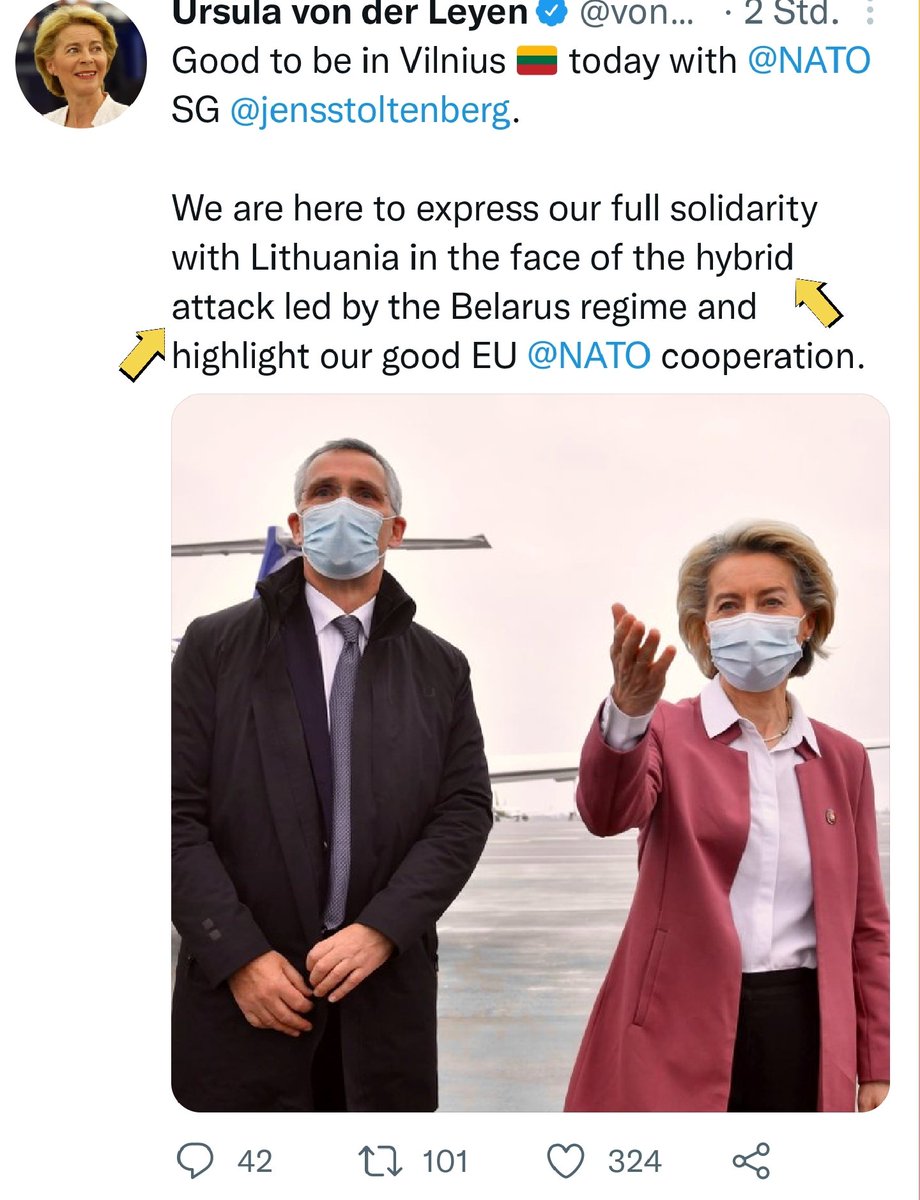 DunyaCollective's tweet photo. Migration staged as military threat: #EU Commission President Ursula von der Layen &amp; #NATO SG Jens Stoltenberg on "frontline visit" in Lithuania today. Meanwhile, news portal NEXTA reported via Telegram about another dead asylum seeker at the border between #Belarus &amp; #Lithuania. https://t.co/EpfvpnIp89