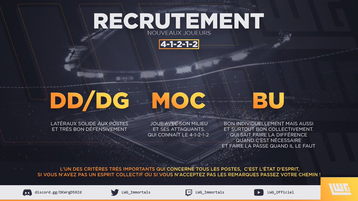 LWG Immortals ouvre son recrutement pour finir la saison et préparer la prochaine ! 
Si vous pensez correspondre aux critères demandés, n'hésitez pas a venir en Dm sur le Twitter de @LWG_Immortals ! 
A très vite ✌🟡⚫🔥

#LWG_Officiel