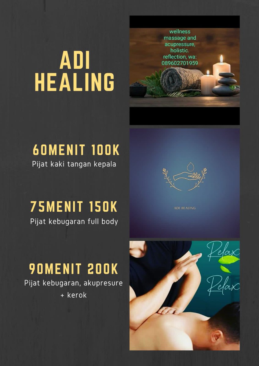 AhmadtriHandok9's tweet photo. Hi everyone @adi_healings now have special treatment and promotion for full body just 200k and my therapist have experience 7 years be massage therapist and and teacher about healing and body relaxation. Happy treatment guys not need going out coz this pandemic just calling us https://t.co/IJMU2JvLWF