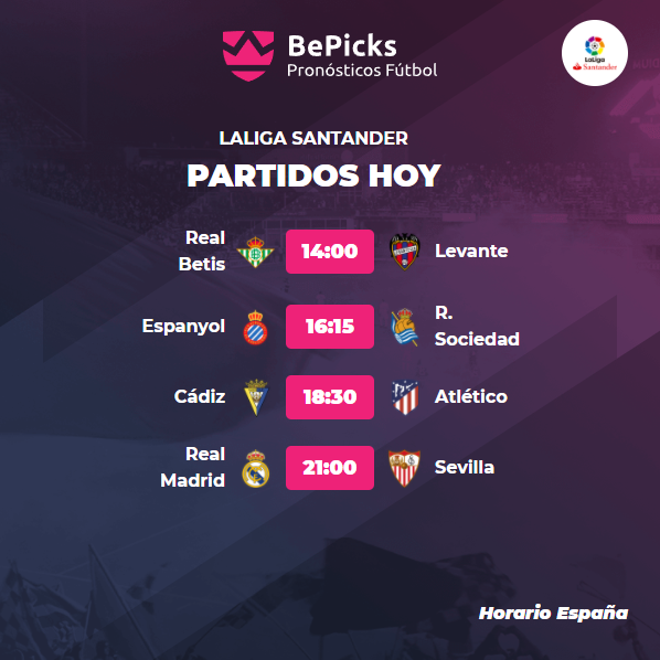 BePicks_Es's tweet photo. #Domingo con mucho fútbol en #LaLiga. Os dejamos los #horarios de hoy 🏆🔥!
#BetisLevante
#EspanyolRealSociedad
#CadizAtleti
#RealMadridSevillaFC
Deja tu pick y compite con jugadores de todo el mundo por grandes #premios  por tus conocimientos de #fútbol
https://t.co/IdhwebBvk4 https://t.co/fxYQJKxfuR