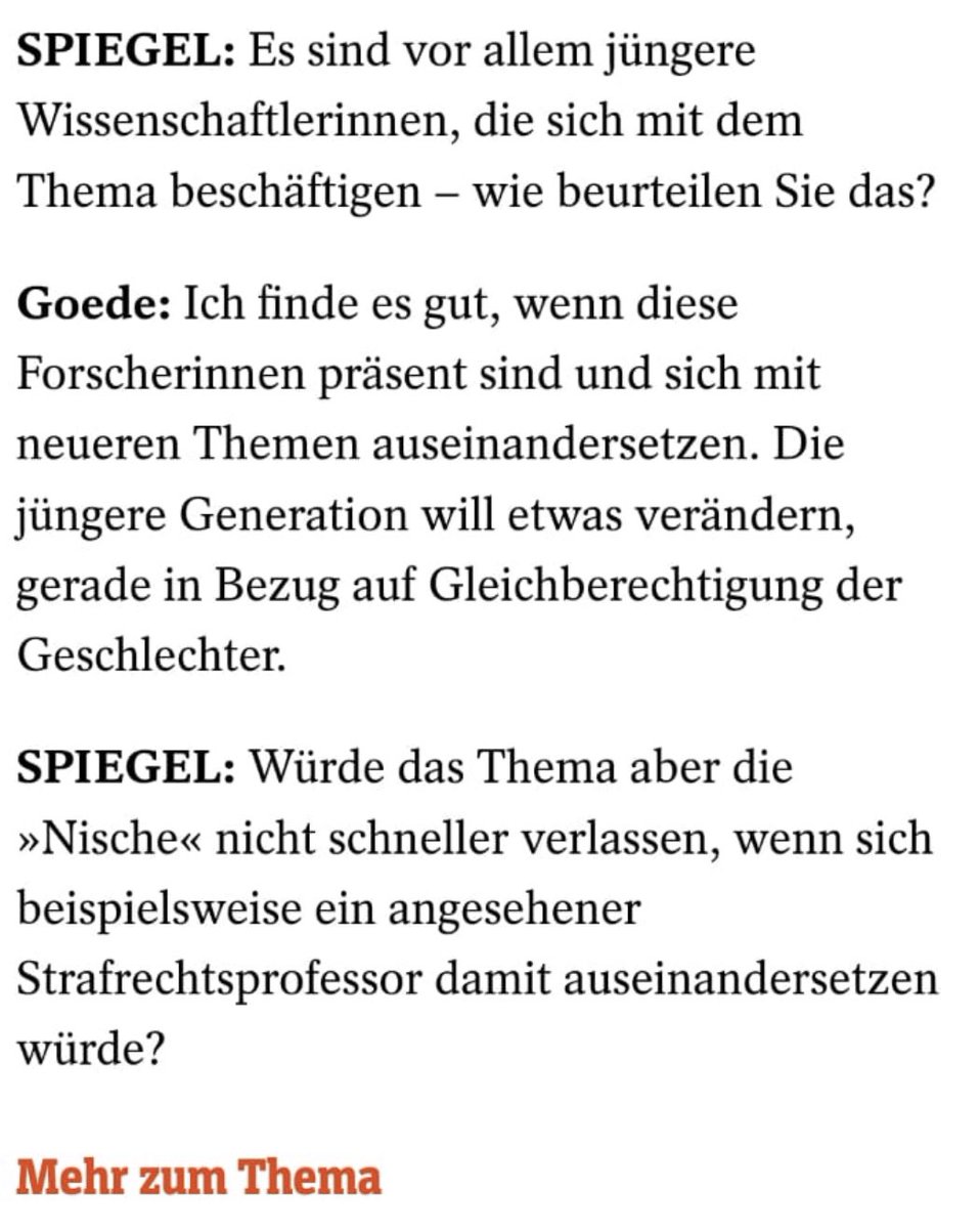 In einem Interview mit einer Kollegin vom <a href="/kfnhannover/">Kriminologisches Forschungsinstitut Niedersachsen</a> zum Thema #catcalling fragt Journalistin von <a href="/derspiegel/">DER SPIEGEL</a> sinngemäß…ob man nicht besser einen angesehen STRAFRECHTSPROFESSOR bräuchte damit das Thema seine NISCHE verlässt. Hallo <a href="/derspiegel/">DER SPIEGEL</a> die 60er Jahre sind am Telefon…