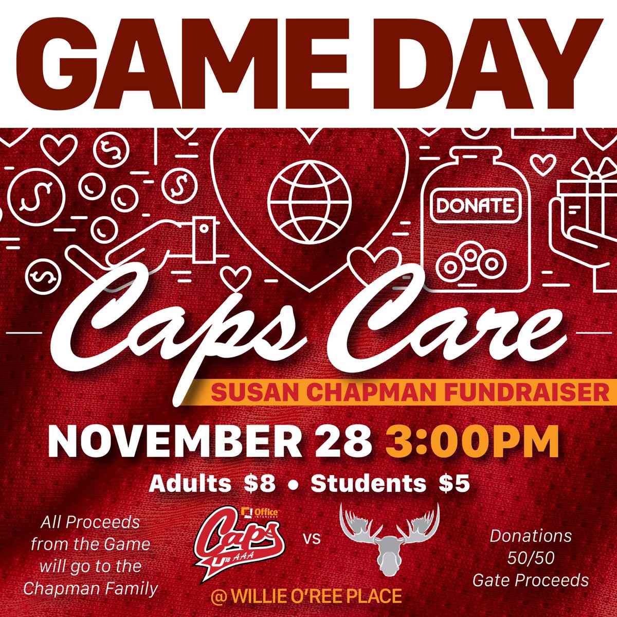 U18AAACAPS's tweet photo. It's Game Day, but more importantly, it is a Day that we can all give back!
Let's fill the Willie at 3:00PM today and raise some funds in support of a tremendous Mother!
⏰ 3:00PM
📍 Willie O'Ree Place
🥊 @moose_aaa
#CapsNation https://t.co/hkEB1z7dsE