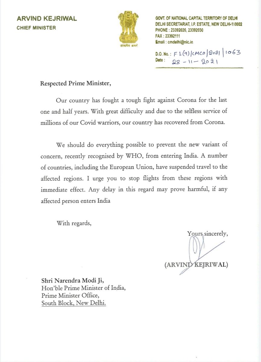 ArvindKejriwal's tweet photo. I have requested Hon’ble PM to immediately stop flights from those countries which are affected by new variant. Any delay could be very harmful. https://t.co/UyokSGcFhU