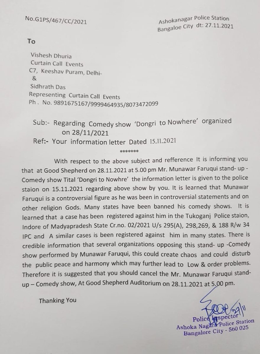 Comedian #MunawarFaruqui cancels show this evening after #Bengaluru police 'suggest' To him to cancel it as it 'could create chaos' And 'low and order problems' (No that's not a spello, I'm just quoting)