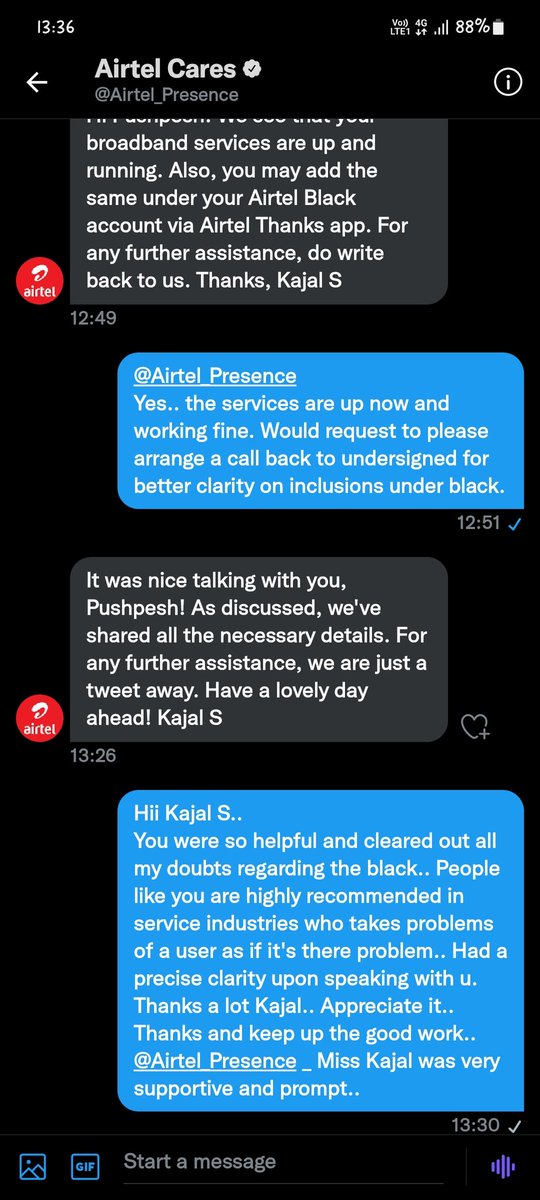 GautamPushpesh's tweet photo. @airtelindia
@airtelnews 
Hi.. @Airtel_Presence 
Thanks for hiring such a good staff (Miss Kajal) who takes users problems as if it's there problem.. A formal screen shot is enclosed and time may be noted.. such a prompt revert and support given by Miss Kajal.
Appreciate it.. https://t.co/MJXIuGZHqf