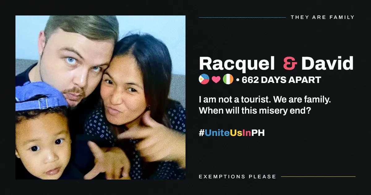 UniteUsInPH's tweet photo. Racquel &amp; David
🇵🇭 ❤️ 🇮🇪 ▪️ 662 days apart
"I am not a tourist. We are family. When will this misery end?"
#UniteUsInPH https://t.co/6PPQKLsIZ0