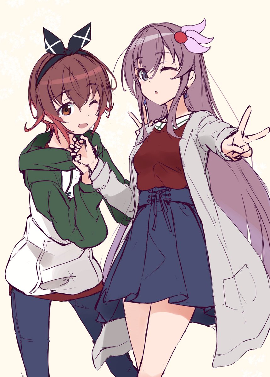 kisaragi (kancolle) ,mutsuki (kancolle) multiple girls 2girls long hair one eye closed brown hair v short hair  illustration images