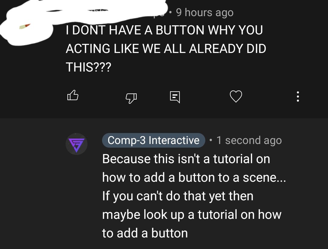 comp3int's tweet image. There&apos;s always one knobber in the comments... 😒

#madewithunity #Unitytutorial #gamedev #gamedevelopment