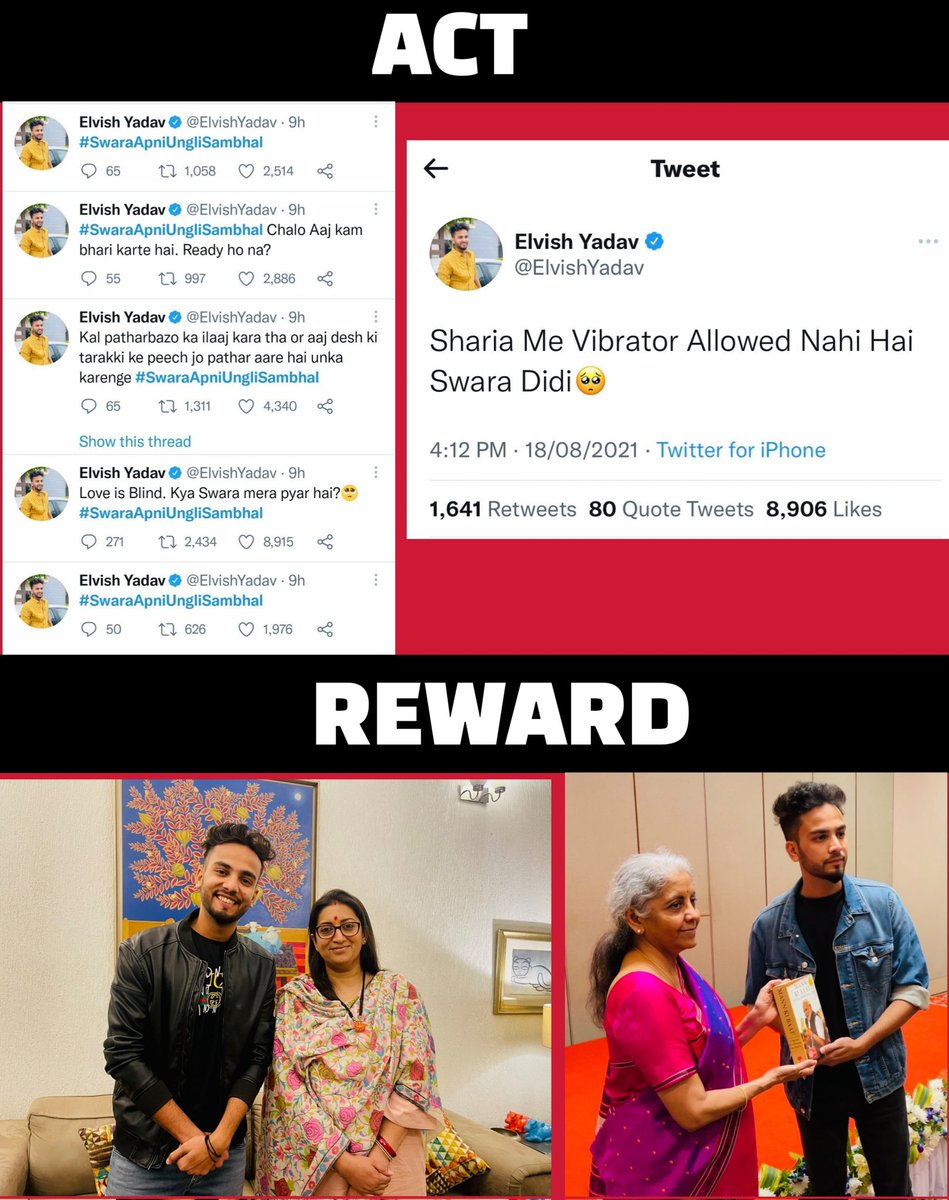 drunkJournalist's tweet photo. A Hatemonger who trolled Swara Bhaskar with filth is acknowledged by Union Women Development Minister &amp; Union Finance Ministers.

The two powerful women ministers instead of getting this bigot arrested are happily posing with him.

There is no two India. There is only this India. https://t.co/wuRZ8vIV91