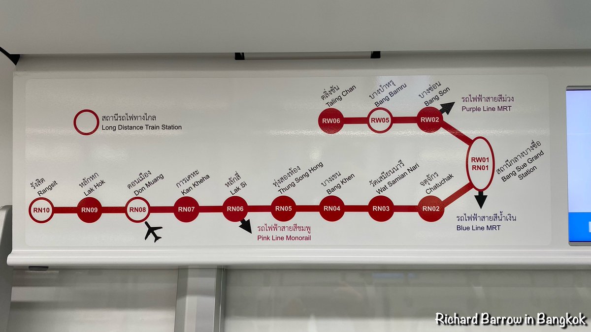 RichardBarrow's tweet photo. This afternoon I rode the new Red Line commuter train in #Bangkok. There are two lines so far that operate out of Bang Sue Grand Station. One to Taling Chan and the other to Rangsit. Most of the line is elevated as it leaves the city and so some great views #รถไฟไทย #thaitrain https://t.co/l9x8a0S62b