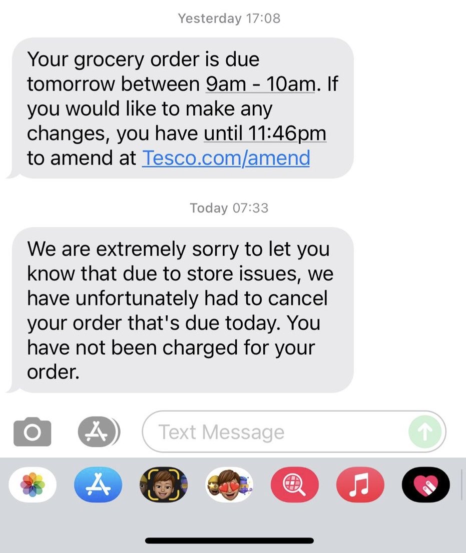 LeeQuelch's tweet photo. ⁦@Tesco⁩ WTF?? And hour and a half before it’s due to be delivered you cancel my order without any options of click and collect or moving the delivery. How is that acceptable?🤬 https://t.co/98SxHDxHFO