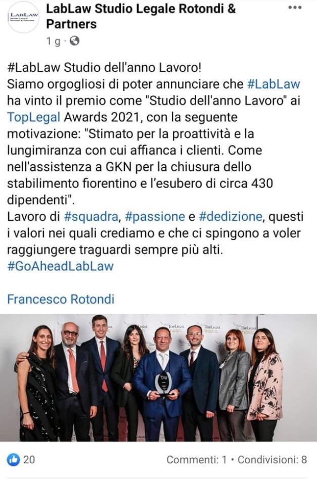 avantibionda's tweet image. Qui è dove lo Studio legale #Rotondi si vanta del premio ricevuto per aver assistito l’azienda #Gkn ottenendo “la chiusura dello stabilimento fiorentino e l’esubero (ergo licenziamento) di circa 430 dipendenti”.
Vittoria!
Poi aggiunge i “valori” nei quali crede lo staff.