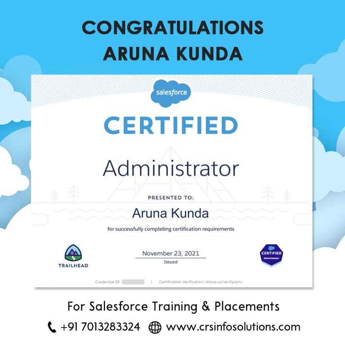 Hearty Congratulations to our student Aruna Kunda. All the very best to future endeavours. For Salesforce training and certification preparation, please enroll in our free demo class.

Phone: +91-9347854179
Website: crsinfosolutions.com
#salesforcecertified