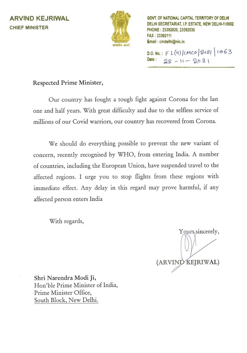 CMODelhi's tweet photo. Hon'ble CM Shri @ArvindKejriwal writes to Hon'ble PM requesting him to stop flights from countries affected by the new COVID-19 variant. https://t.co/59VhkxKzhH