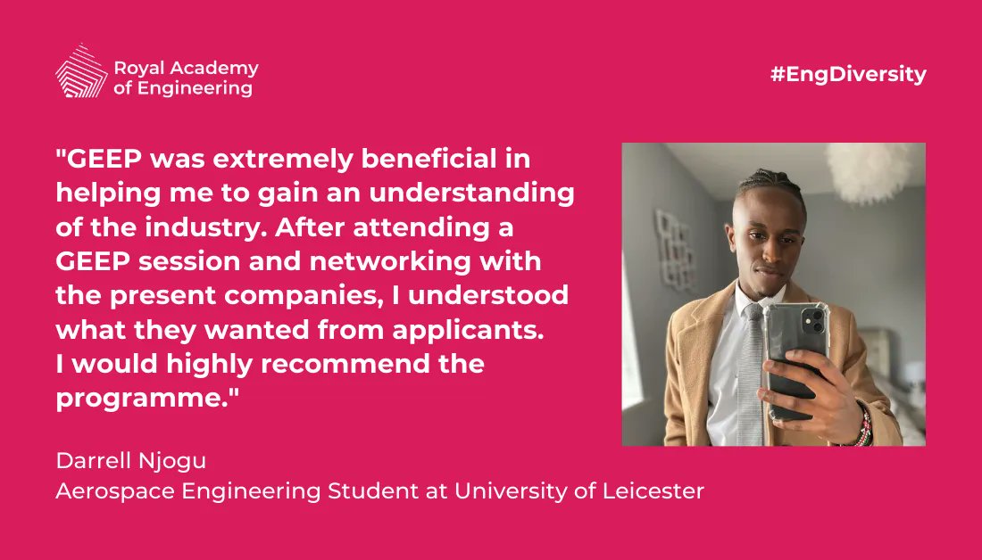 RAEngNews's tweet photo. Our Graduate Engineering Engagement Programme aims to increase #EngDiversity and recruits on a rolling basis. If you're a 2nd year or above engineering student from a minority group, don't miss out.
See Darrell's story: https://t.co/7WNdy2FAjD
To apply: https://t.co/TG1gl3Ddvn https://t.co/1dbH38g2dP