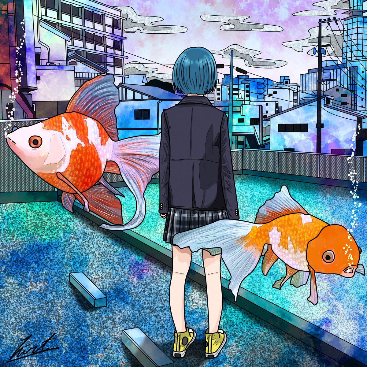 1girl fish skirt yellow footwear solo short hair plaid skirt  illustration images