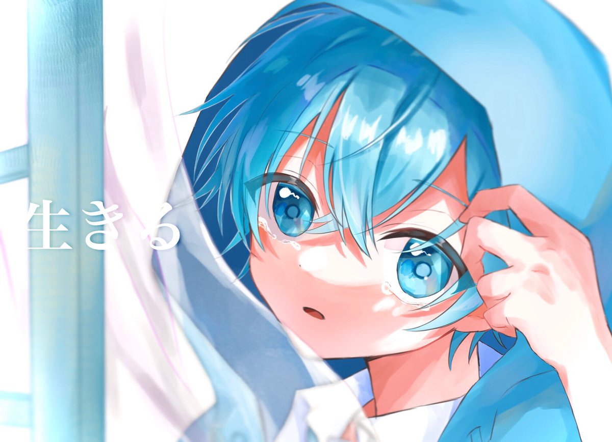 1boy male focus blue eyes blue hair solo hood looking at viewer  illustration images