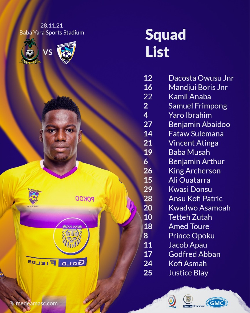 MedeamaSC's tweet photo. We are still without @nortey_rashid as the gaffer names his travelling squad for the crunch @GhanaLeague match against @KingFaisalFC in Kumasi today.
@a_babaofficial returns from suspension.
#MEDSC #GPLwk5 https://t.co/fDflU7LdSQ