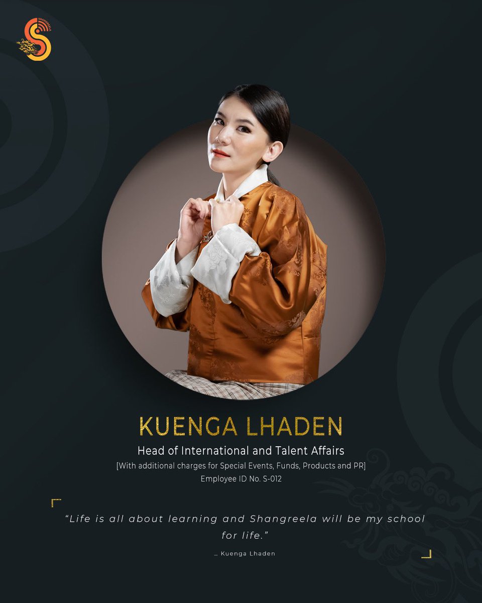 shangreelaBT's tweet photo. We are proud to have Kuenga Lhaden as our Head of International and Talent Affairs with additional charges for Special Events, Funds, Products and PR. She is one of the founding employees of Shangreela.
•
•
•
#Shangreela #Teamprofile#HeadofInternationalAffairsandTalents #HOIA https://t.co/KvRumTB2t5