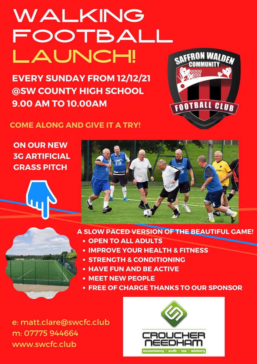 Saffron Walden Community FC (@swcommunityfc) on Twitter photo Our new #WalkingFootball sessions sponsored by @CroucherNeedham start 12/12/21! Open to anyone and everyone - and FREE!
Please get in touch if you'd like to take part - details are in the poster 🔴⚫⚽
<a href="/SWTFootballClub/">Saffron Walden Town FC</a> <a href="/swaldenreporter/">Saffron Walden Reporter</a> <a href="/swtic/">Saffron Walden TIC</a> <a href="/swpsgfc/">Saffron Walden Community Girls FC</a> <a href="/ActiveEssex/">ActiveEssex</a> Our new #WalkingFootball sessions sponsored by @CroucherNeedham start 12/12/21! Open to anyone and everyone - and FREE!
Please get in touch if you'd like to take part - details are in the poster 🔴⚫⚽
<a href="/SWTFootballClub/">Saffron Walden Town FC</a> <a href="/swaldenreporter/">Saffron Walden Reporter</a> <a href="/swtic/">Saffron Walden TIC</a> <a href="/swpsgfc/">Saffron Walden Community Girls FC</a> <a href="/ActiveEssex/">ActiveEssex</a>