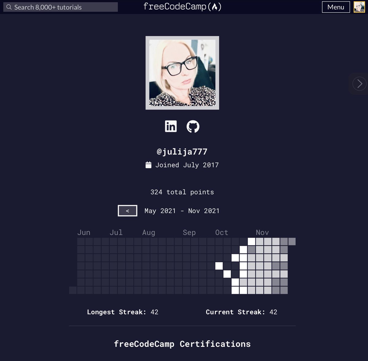 YuliaStepanov's tweet photo. #100DaysOfCode just before I’ve joined School of Code Bootcamp I’ve been practising my code in FreeCodeCamp, now it’s my 42 day streak of coding. Those simple tracking system can motivate! https://t.co/QHjXijW4TB