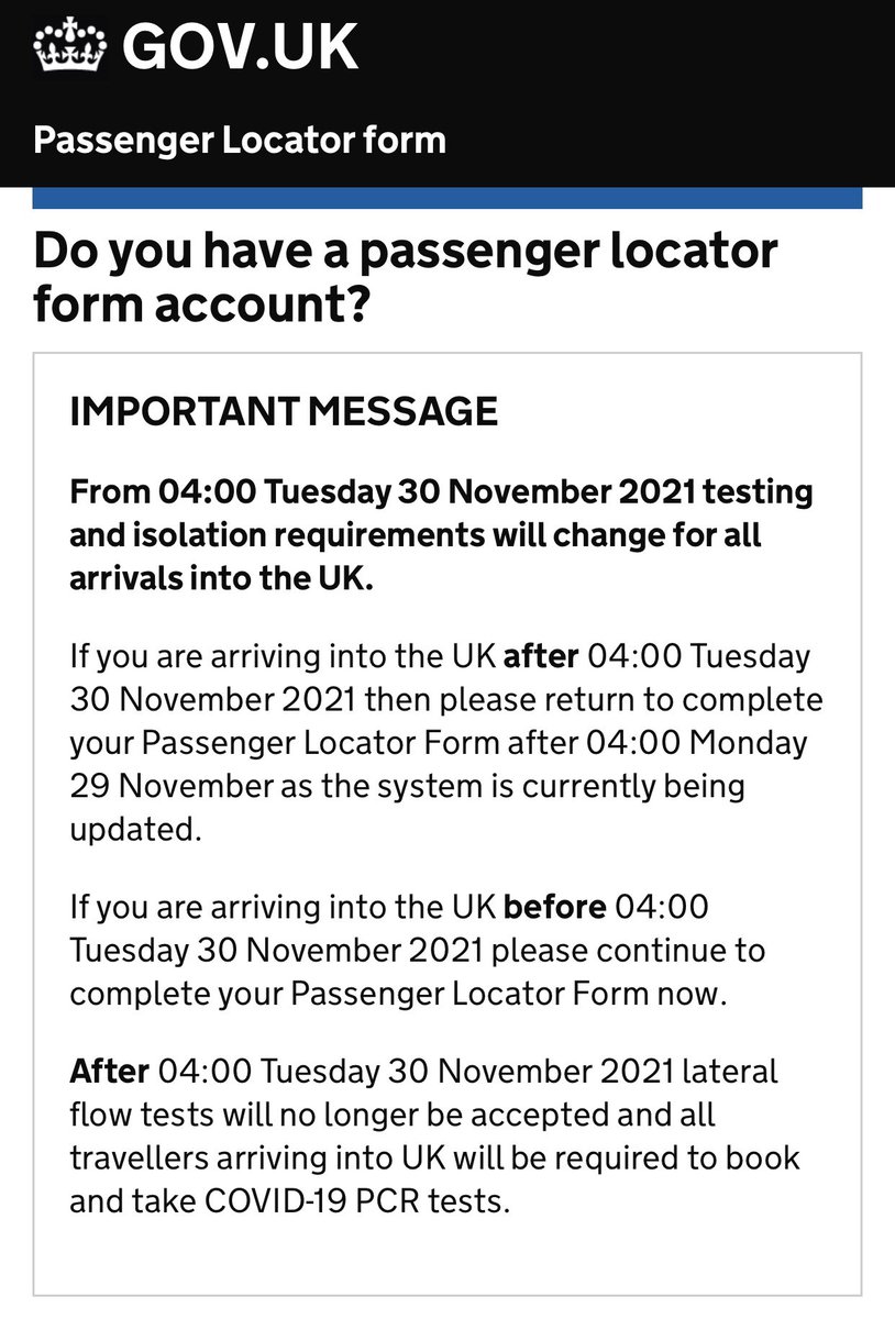 Arrivals to UK from 4am Tuesday 30th November will need to book a PCR test. Lateral flows ok until then.  Update is on the gov.uk Passenger locator form. I’ll be contacting affected customers today.