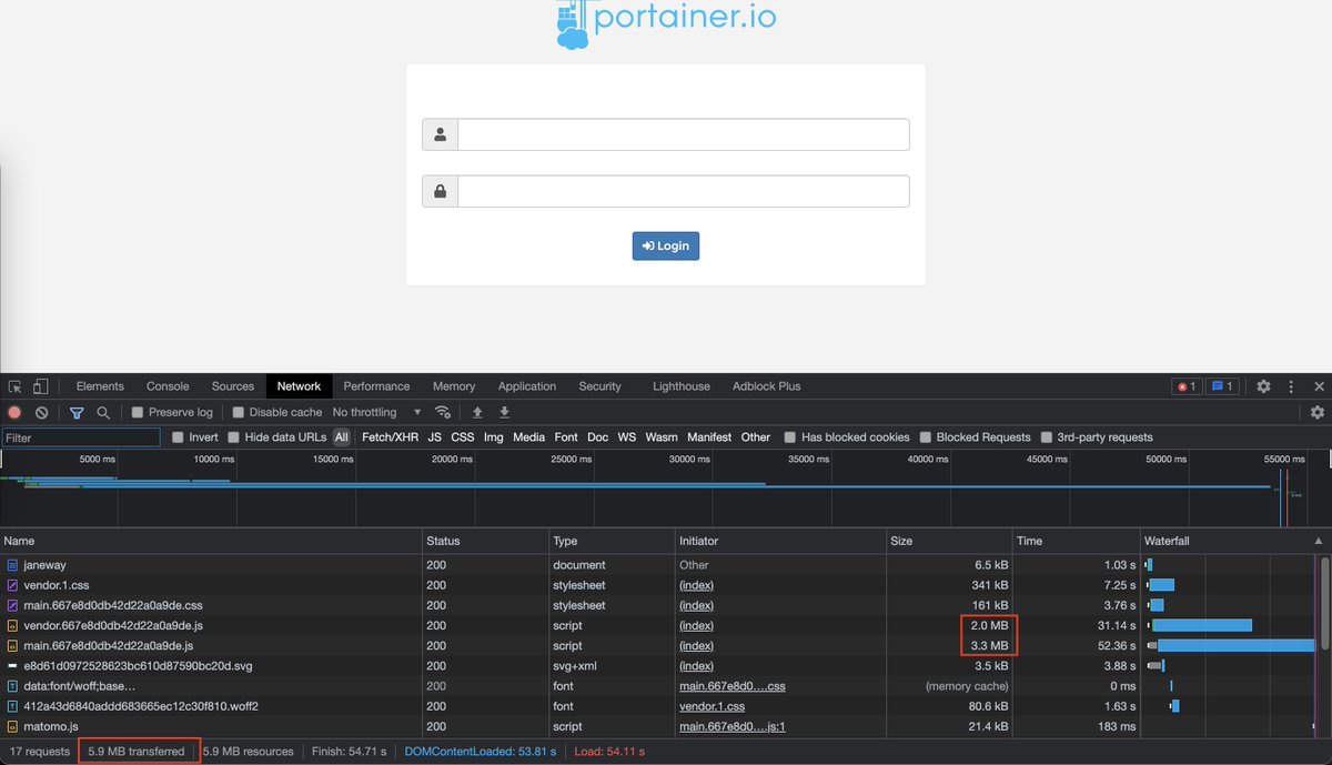 faburem's tweet photo. Hey @portainerio, do we really need to load >5MB of Javascript during the initial page load? Maybe some of it can be deferred, then Portainer would *feel* much faster! https://t.co/j9TdBrM2uc