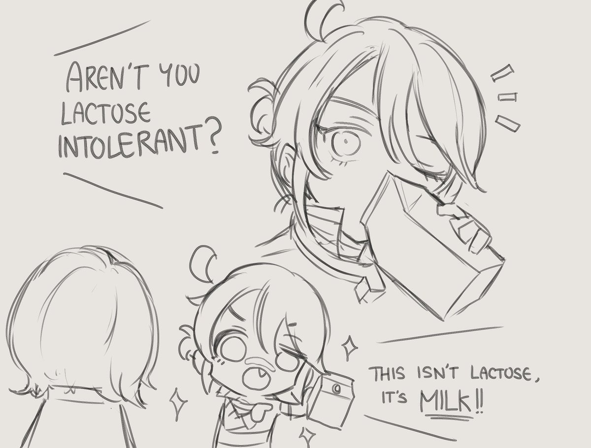 Prompt:
⏳: Aren't you lactose intolerant?
⛓: This isn't lactose, it's milk! 

School's start back tomorrow ( '▽`)…
Assignments time!! 