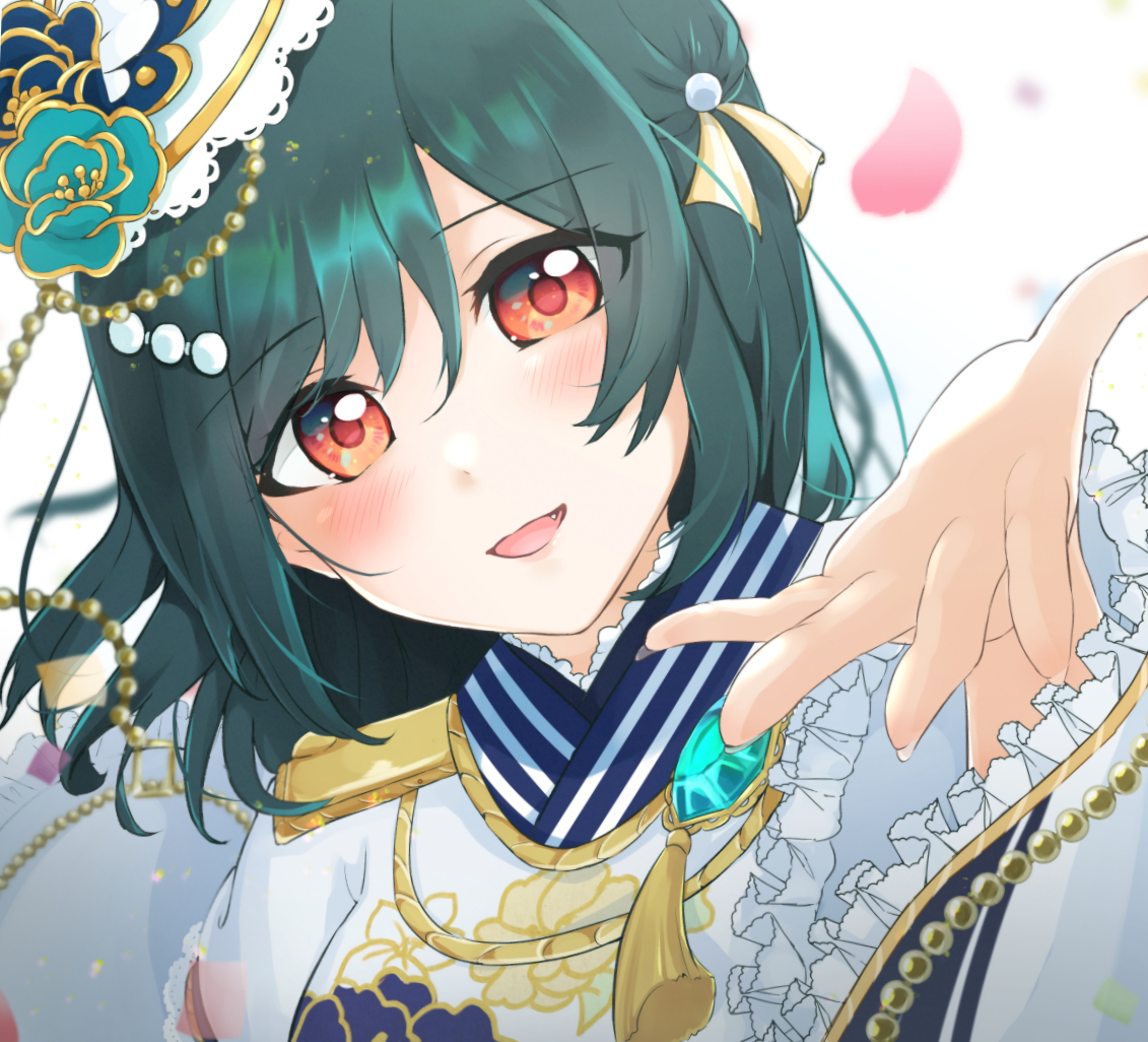 dark green hair aiguillette 1girl orange eyes swept bangs epaulettes kimono  illustration images