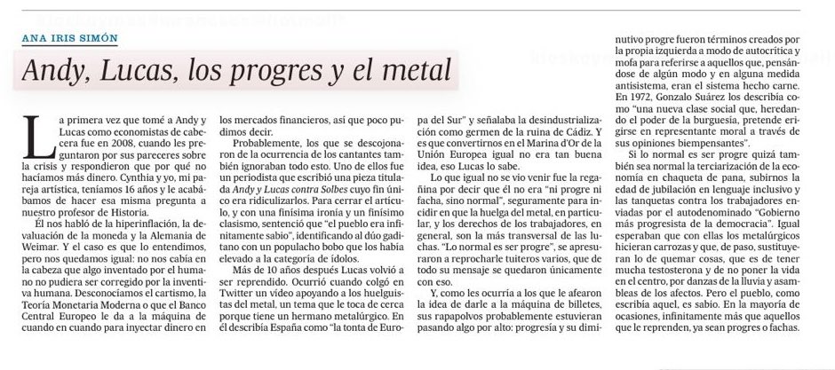 anairissimon's tweet photo. “Insúlteme usted si quiere, pero no me llame progre”, decía Julio Anguita. 

Mi artículo de esta semana en @el_pais, sobre @_AndyyLucas_ , los progres y la huelga del metal. https://t.co/rGuo9NmuG6