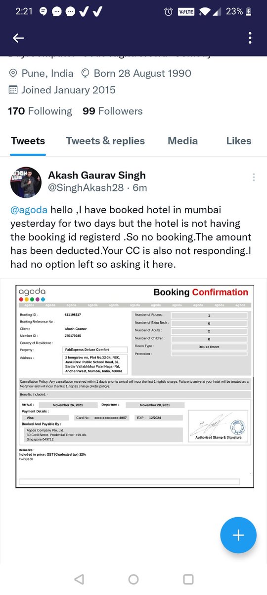 SinghAkash28's tweet photo. @agodaindia  @agoda the app too m getting booking results.
Money got deducted..but in hotel no booking was there.
Hotel people also had mailed u the same.
But you guys are simply not able to find the booking id on ur portal itseld.
#shameOnUAgoda https://t.co/e8elWDZHzJ