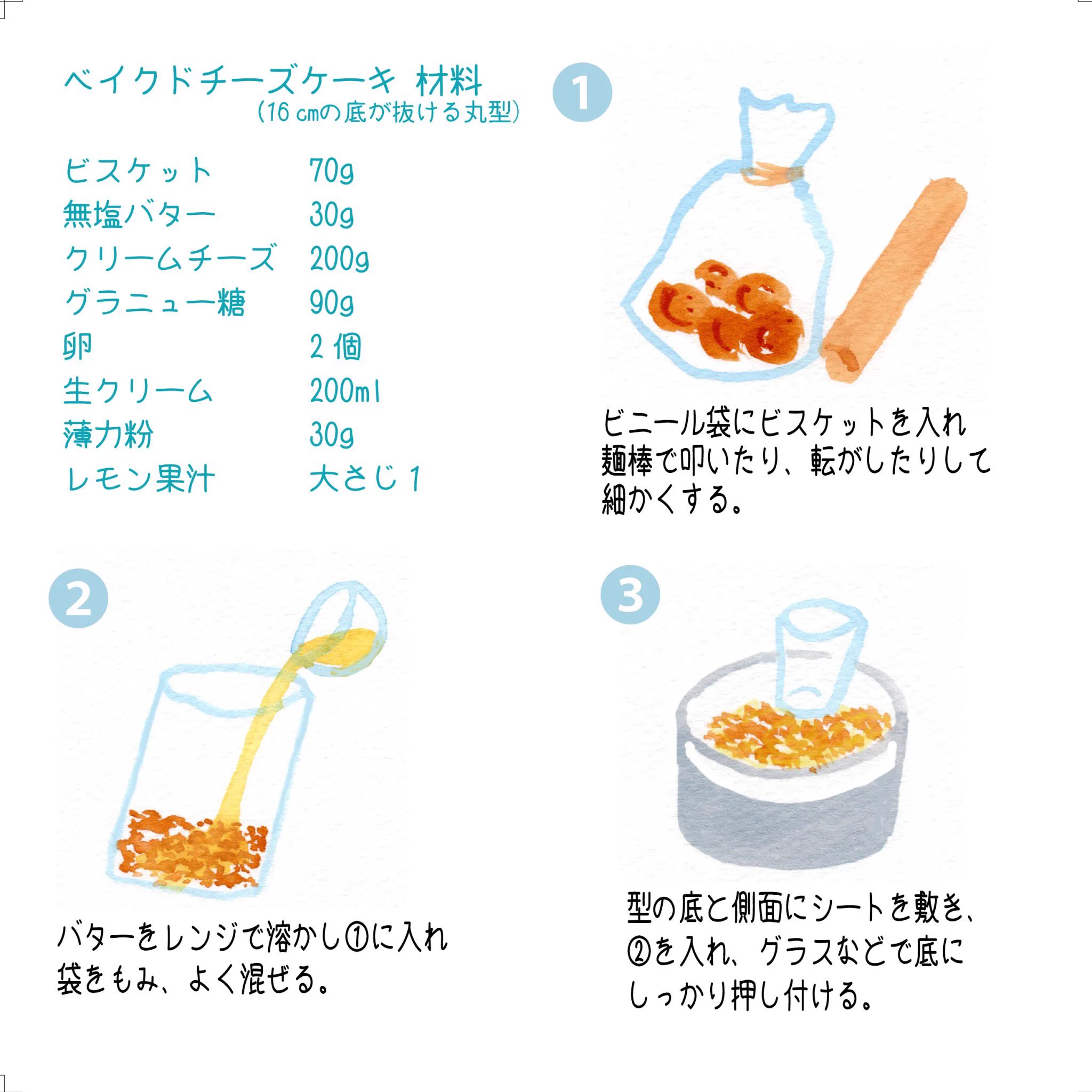 生クリームたっぷり！手書きイラスト付きの「ベイクドチーズケーキ」のレシピが参考になる！