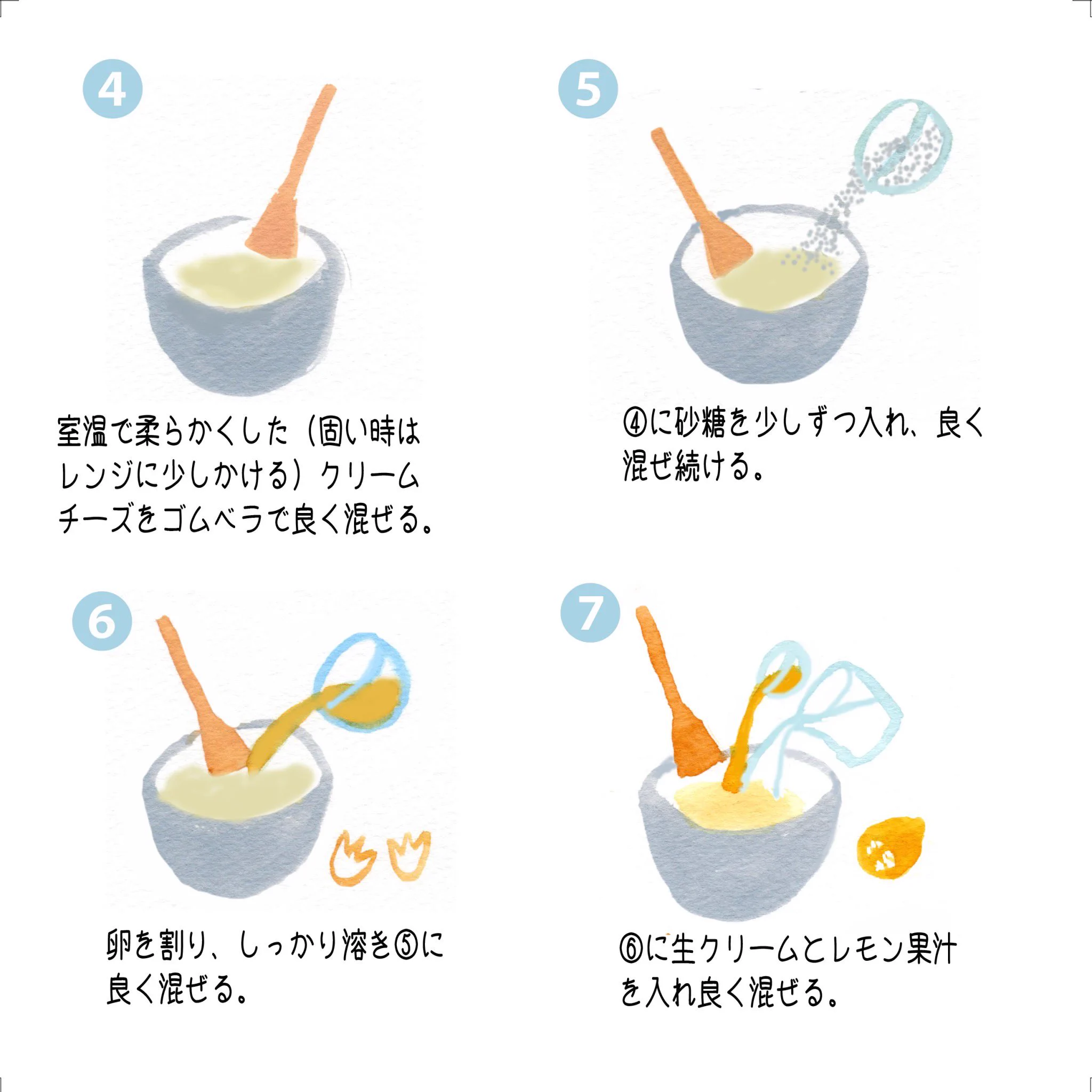 生クリームたっぷり！手書きイラスト付きの「ベイクドチーズケーキ」のレシピが参考になる！