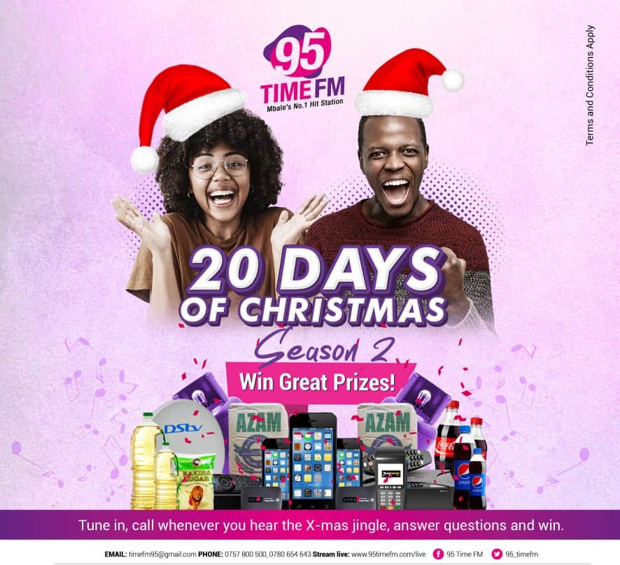95_TimeFM's tweet photo. The 95 Time FM 20 Days of Christmas promotion is back! End the year in style as you win several prizes and gift hampers STARTING MONDAY 29th November 2021!
#MbalesNumberOne
#WeloveMbaleCity
#20DaysOfXmass https://t.co/h1BlNHXzSd