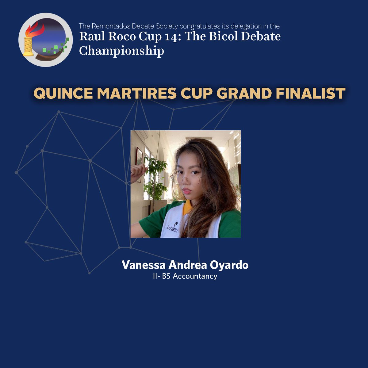 ADNUDebate's tweet photo. In addition to the achievements garnered by Remontados in the recently concluded Raul Roco Cup 14, we would like to congratulate Vanessa Andrea Oyardo for advancing to the Grand Finals of the Quince Martires Cup. 
The Remontados Debate Society is proud of your achievements! https://t.co/qG6xpLtnRI