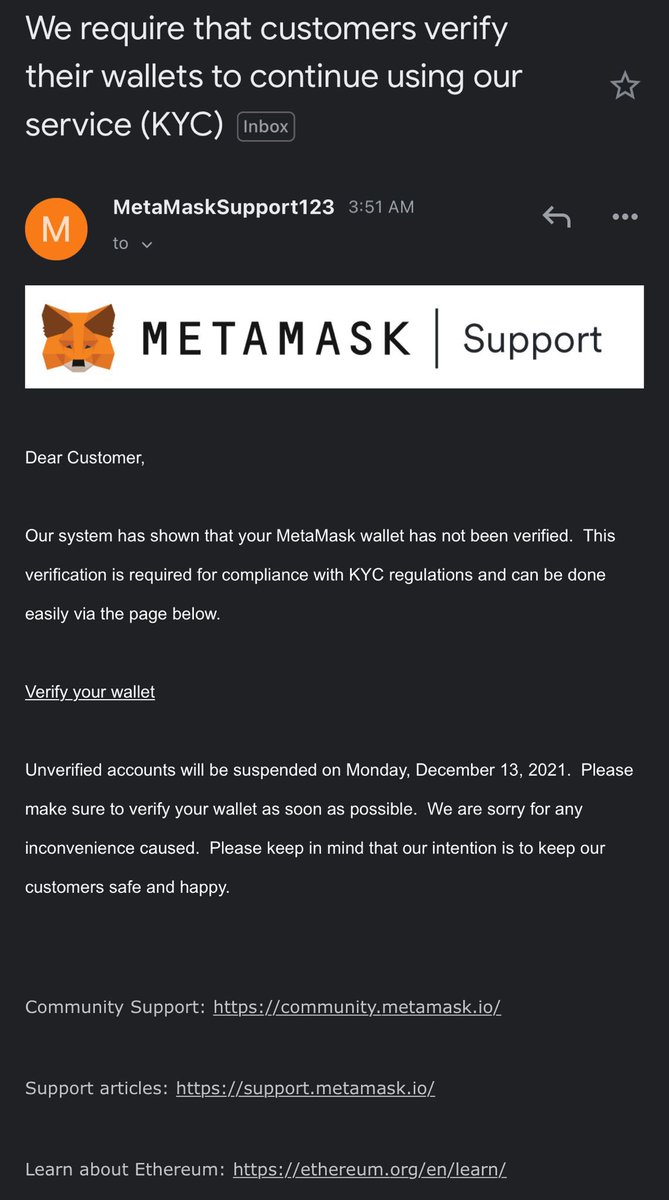 CryptoNagato's tweet photo. A lot of you will probably receive this email. 

This is a fucking scam.
They want your private keys.

Send this to your friends so they won’t get fucked. https://t.co/448PjrkuxN