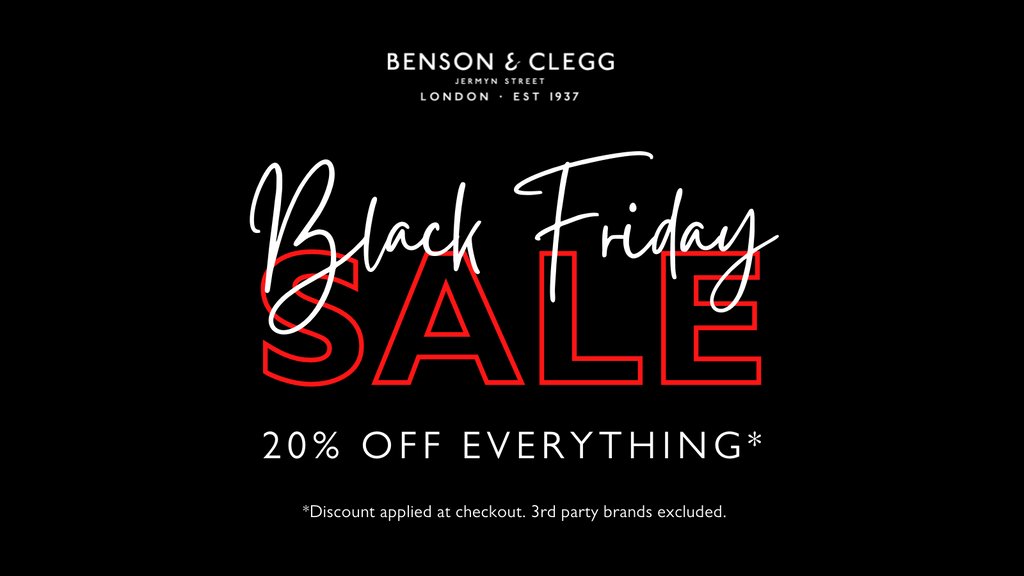 The Benson &amp; Clegg #BlackFridaySale ends tomorrow! You only have until midnight on Monday to enjoy 20% OFF EVERYTHING* across our website.

Shop now: l8r.it/ZB39

#BensonAndClegg #BlackFriday

*Discount applied at checkout. 3rd party brands excluded.