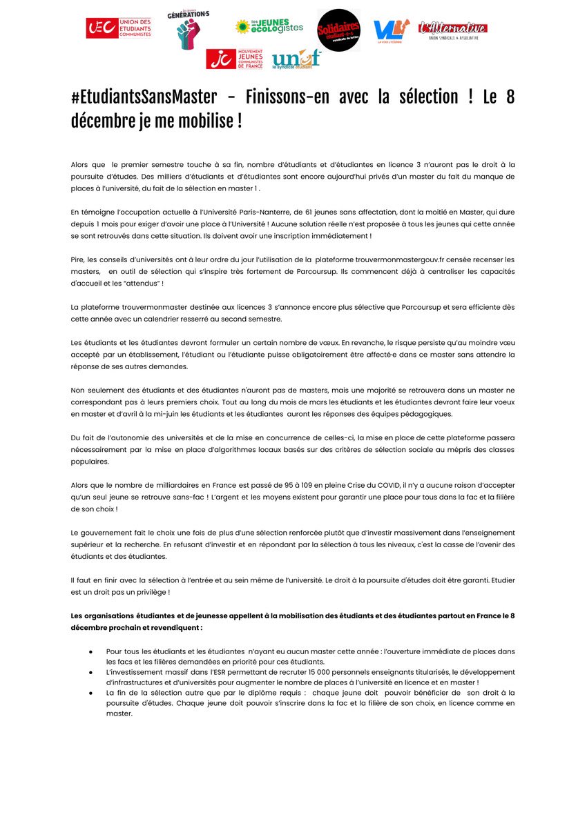UNEF's tweet photo. On se mobilise le 8 décembre prochain pour les #EtudiantsSansMaster ! 

➡️ Exigeons l’inscription de tous les #EtudiantsSansMaster 
➡️ Des moyens pour en finir avec la sélection des la rentrée prochaine https://t.co/Qo4RrXYoMt