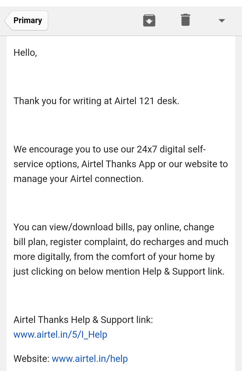 bhavukk_'s tweet photo. @Airtel_Presence @airtelindia This is the response I received after sending my problem/issue to you guys. Also, just to let you know your Airtel app is of no use while raising any concern a customer might have. Hope you guys will resolve it soon or you'll lose a good customer. https://t.co/SbOWilEnQG